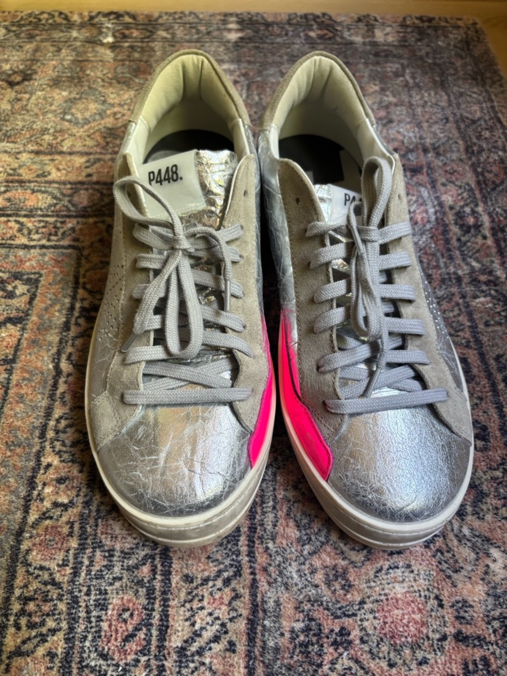 P448 Metallic Silver Low-Top Sneakers with Hot Pink Side Accent